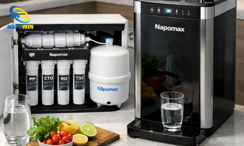 Máy lọc nước Napomax được thiết kế với hệ thống lọc nhiều tầng, giúp tạo ra nguồn nước sạch an toàn cho sinh hoạt hằng ngày.