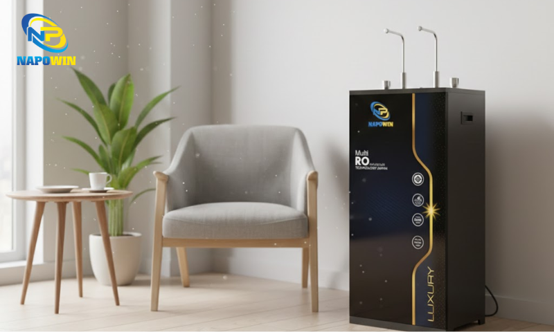 Máy lọc nước nóng nguội tủ đứng Napowin được thiết kế theo cấu trúc khoa học, tích hợp hệ thống lọc RO khép kín